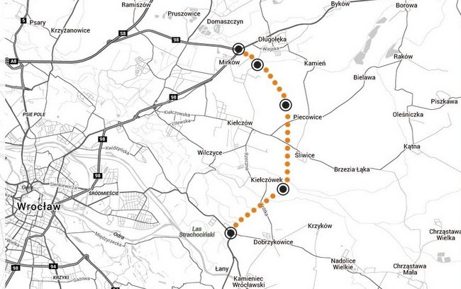 Nowy odcinek wschodniej obwodnicy Wrocławia ma przebiegać w wykropkowanym na mapie miejscu (źródło: Urząd Marszałkowski Województwa Dolnośląskiego