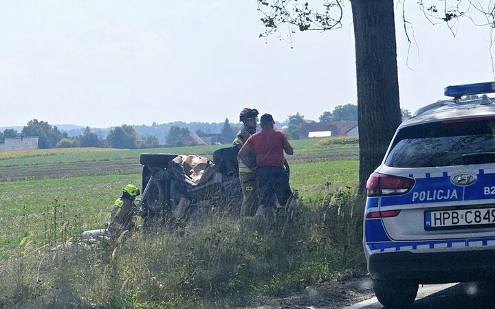 Po uderzeniu samochodem marki Dacia VW uderzył w drzewo. Foto: strzelin998