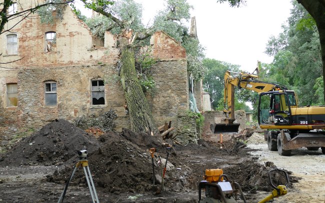 W Miechowicach Oławskich drzewo runęło  na zabytkowy pałac i zawaliła się ściana