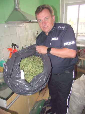 Insp. Jarosław Kolano, Komendant Powiatowy Policji w Strzelinie pokazuje zabezpieczone narkotyki, których wartość rynkowa to aż 500 tys. zł